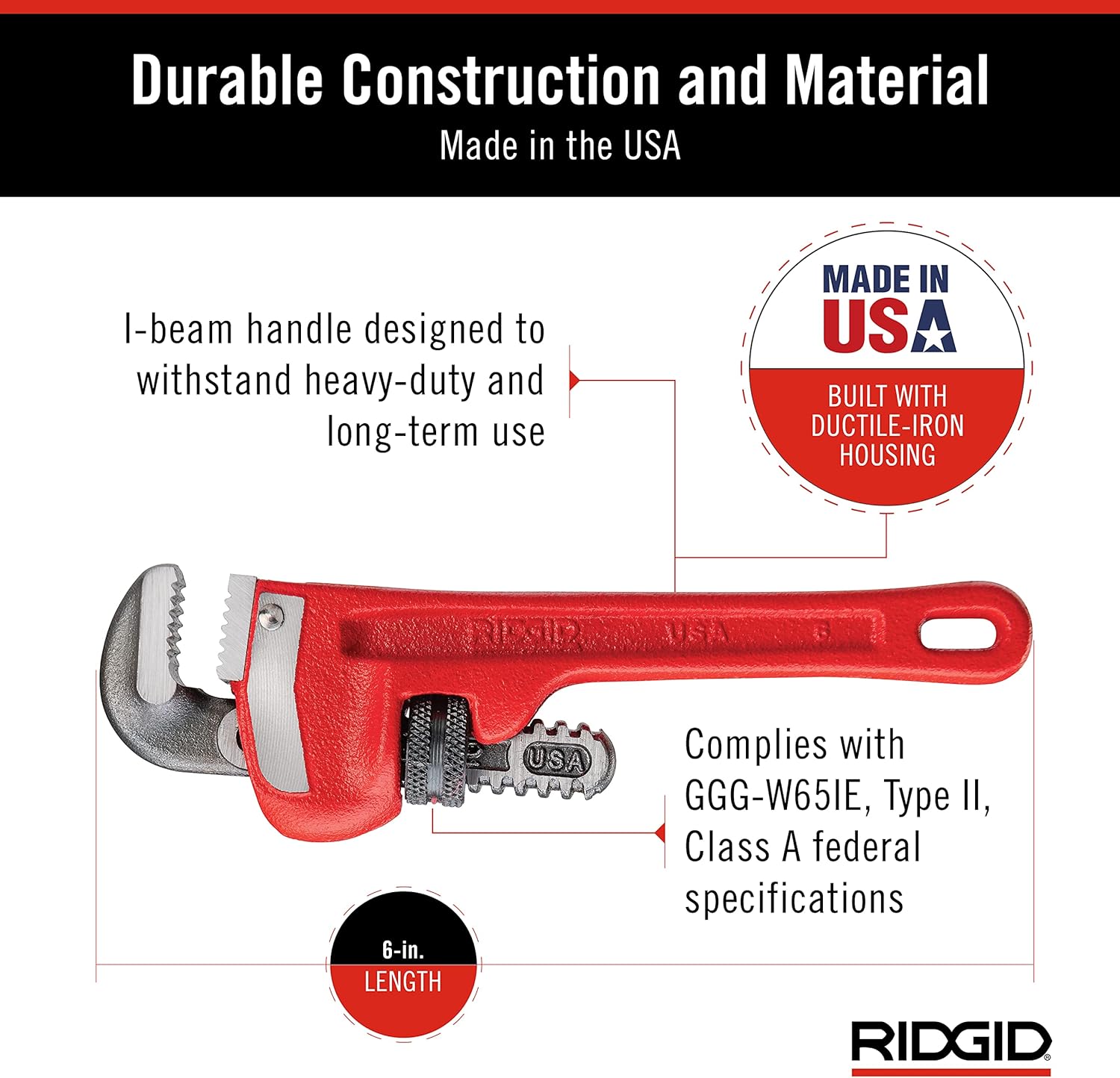 RIDGID 31000 Model 6 Heavy-Duty Plumbing Straight 6 Pipe Wrench Red Made in the USA