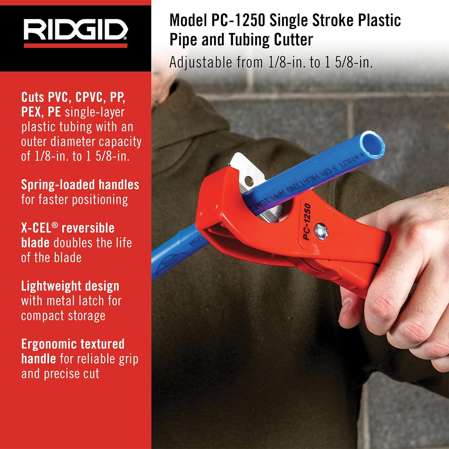 Ridgid 23488 PC-1250 Single Stroke Plastic Pipe and Tubing Cutter 1/8-1-5/8 inch Cutting Capacity