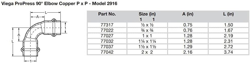 Viega 77042 ProPress Copper 90 Degree Elbow 2 Inch x 2 Inch Press x Press
