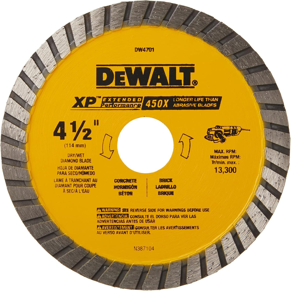 Dewalt DW4701 Diamond Blade Dry or Wet Cutting Continuous Rim 4-1/2 Inch 7/8-Inch Arbor