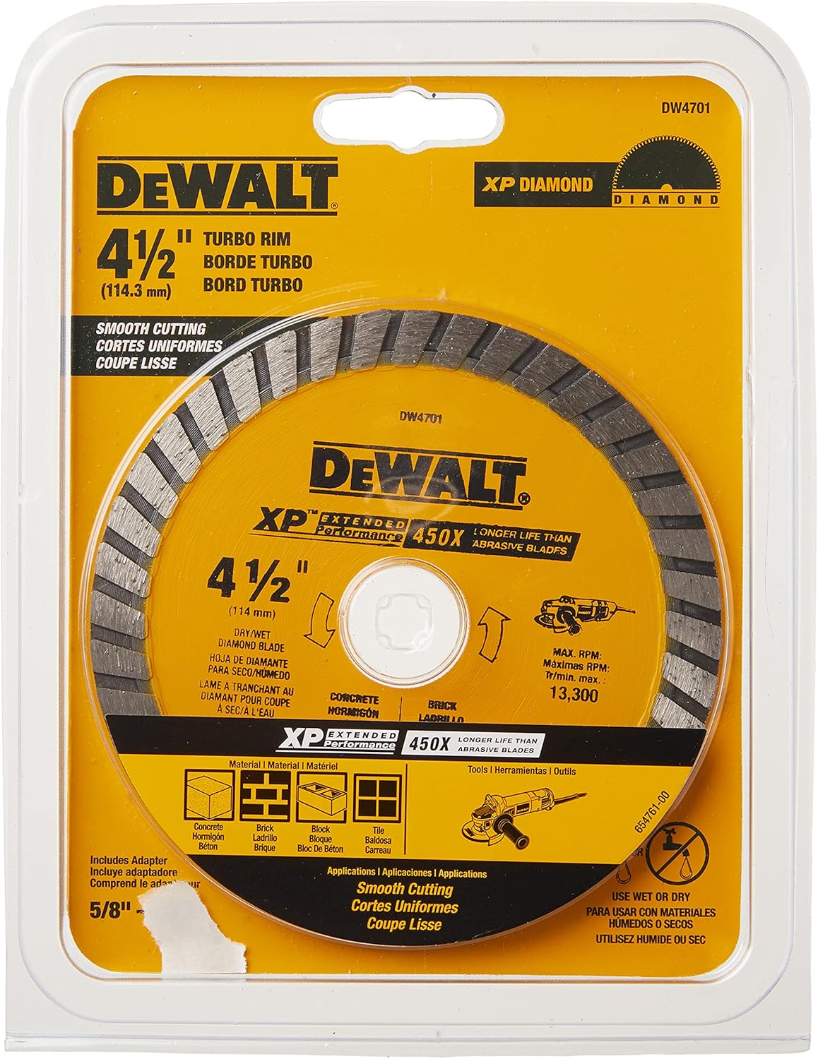 Dewalt DW4701 Diamond Blade Dry or Wet Cutting Continuous Rim 4-1/2 Inch 7/8-Inch Arbor