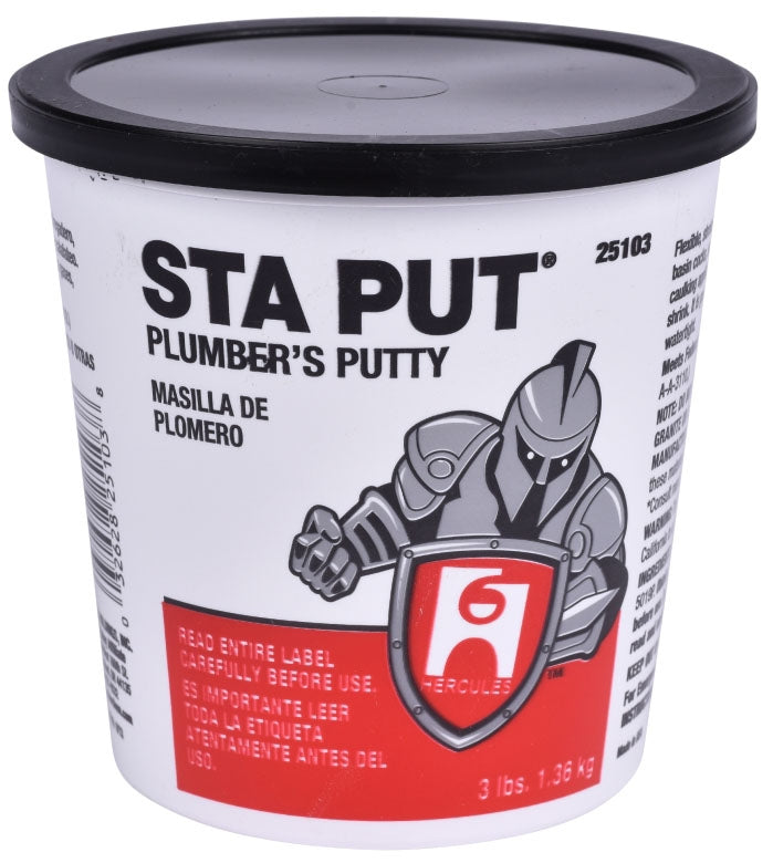 Hercules 25103 Sta Put Plumber's Putty, 3 lb Pail, Solid Form, Off-White