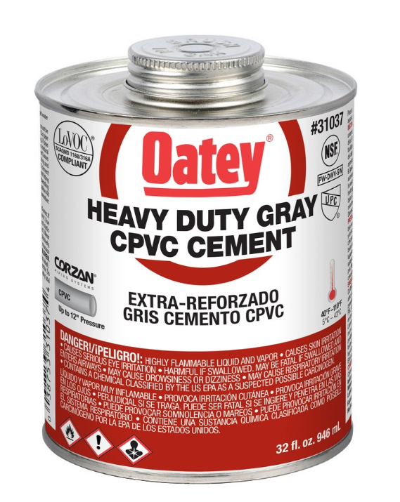 Oatey 31037 Heavy Duty CPVC Cement 32 oz Gray For Hot and Cold Water System