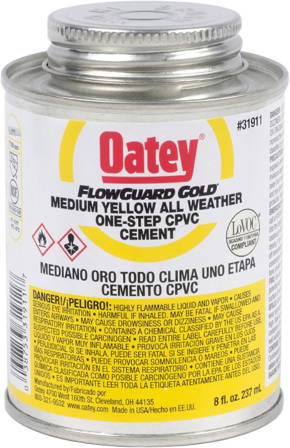 Oatey 31911 Flowguard Gold 1-Step CPVC Cement 8 oz Yellow