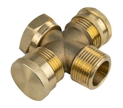 Sioux Chief 687-3SMMH 3/4 in. Female Swivel x Male x Male with Cap x Male Hose Thread with Cap Brass Water Heater Cross Adapter