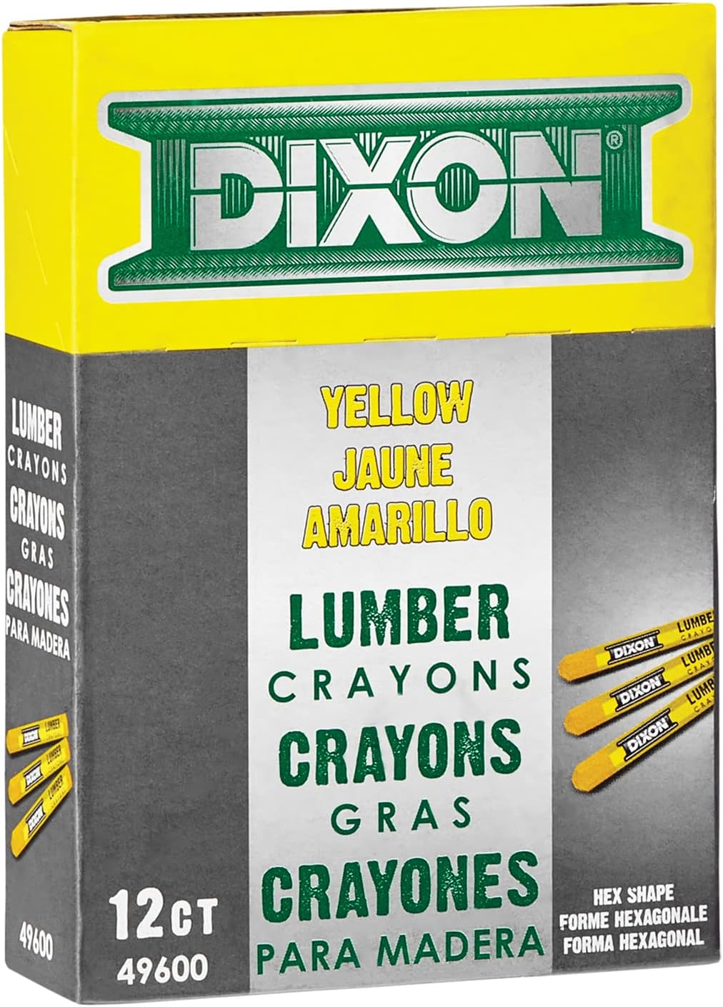 Dixon 14-254 Industrial Lumber Marking Crayons 4.5 x 1/2 Hex Yellow 12-Pack (X49600)