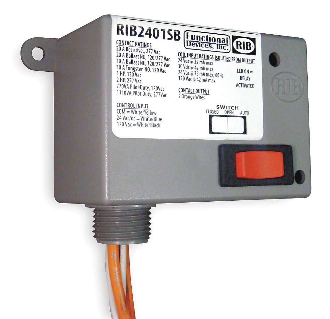 Functional Devices RIB2401SB Enclosed Relay 20Amp SPST-NO Override 24Vac/dc/120Vac