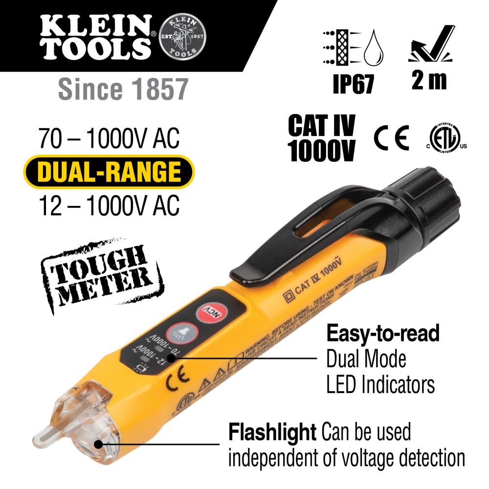 Klein Tools NCVT3P Dual Range Non Contact Voltage Tester 12 - 1000V AC Pen Flashlight Audible and Flashing LED Alarms Pocket Clip Green