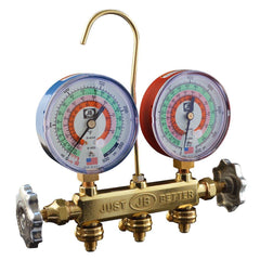 JB Industries 22225 Patriot 2-Valve Classic Brass R22/R404A/R410A Refrigerant Manifold with 3-1/8 in. Gauges