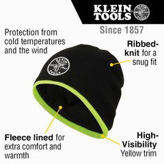 Klein Tools 60391 Knit Beanie Thermal Fleece Winter Hat Windproof Black with High-Visibility Yellow Band Trim