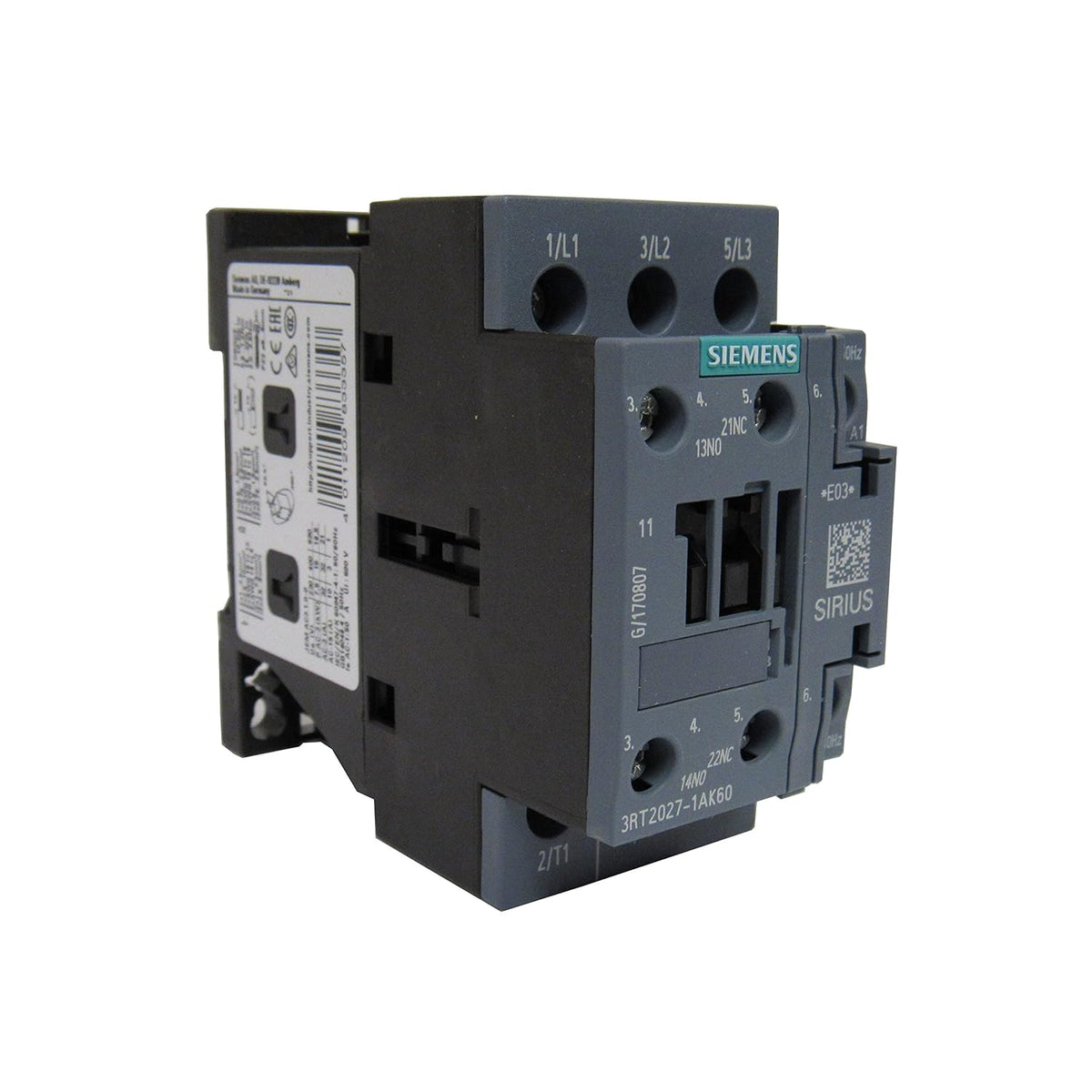 Siemens 3RT2027-1AK60 Sirius 3 Pole 32 AMP 120 Volt AC Contactor - 1NO 1NC Auxiliary Contact