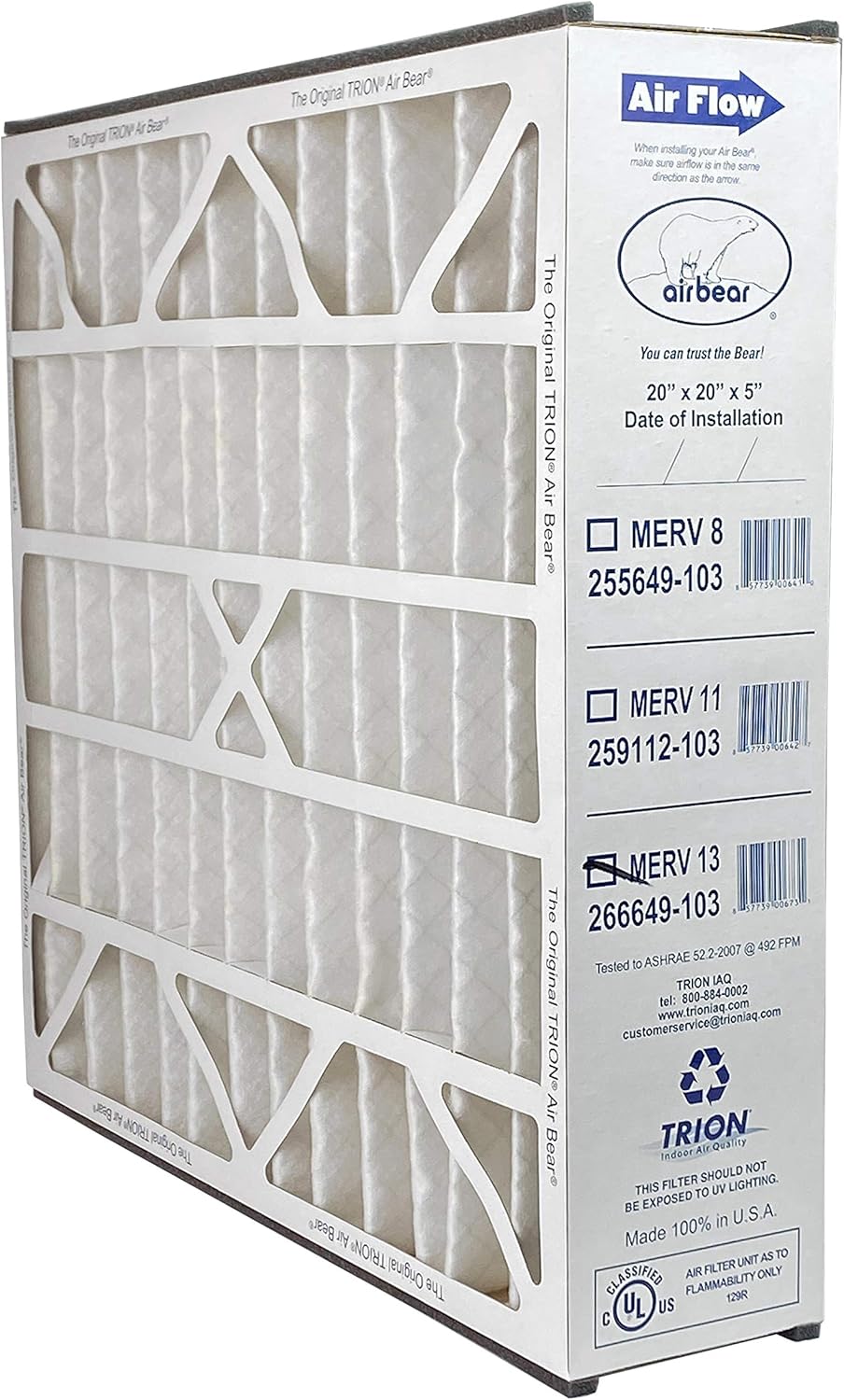 Trion 266649-103 Air Bear 20 x 20 x 5 MERV 13 Pleated Air Filter