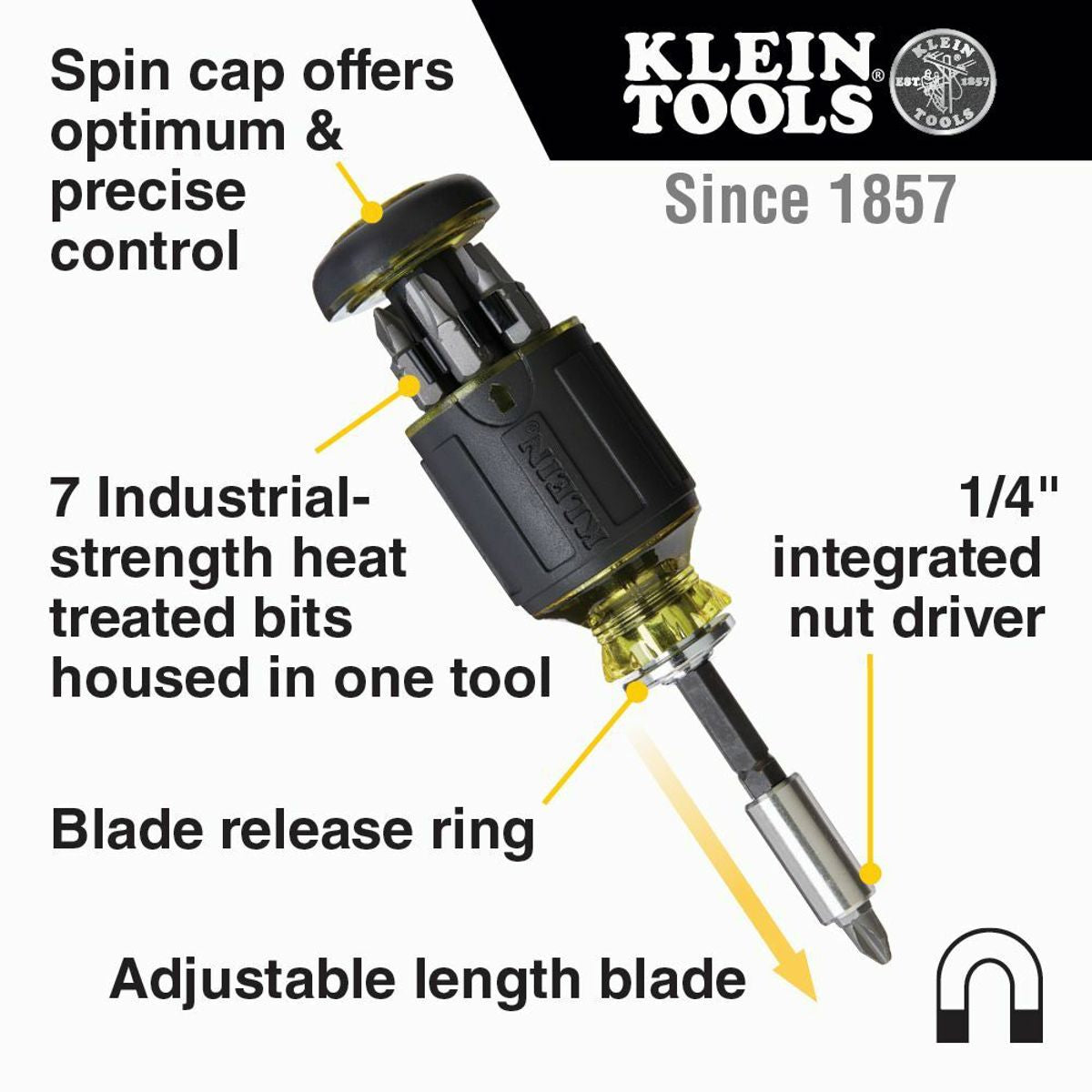 Klein Tools 32308 8-in-1 Multi-Bit Adjustable Length Stubby Screwdriver Impact Rated