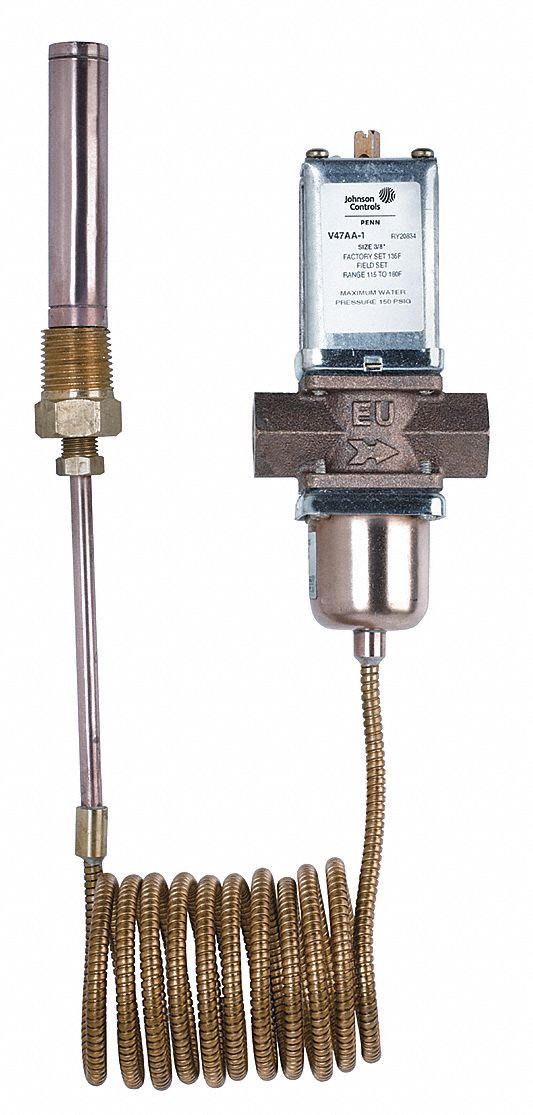 Johnson Controls V47AC-8C Penn V47 Series Temperature Actuated Modulating Valve, 3/4 Pipe Size, 75 to 135°F Heating, 11/16 x 10 Bulb Size, 0.062 Orifice Diameter