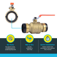 SharkBite UXLBV54 2 Inch Brass Push Ball Valve Compatible with PEX, Copper, CPVC, PE-RT, and HDPE Pipes