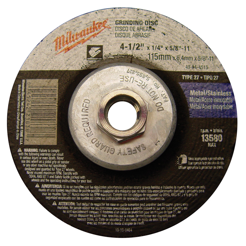 Milwaukee 49-94-4515 Grinding Wheel (Type 27) 4-1/2 x 1/4 x 5/8-11