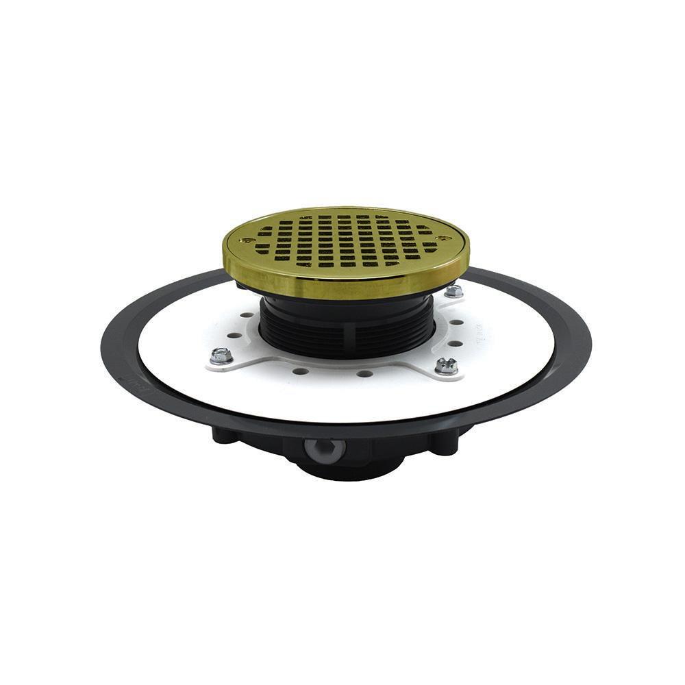 Jones Stephens D50051 Heavy Duty PVC Drain Base with 3-1/2 in. Plastic Spud and 6 in. Polished Brass Strainer with Ring