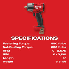 Milwaukee 2962P-20 M18 FUEL 1/2 Mid-Torque Impact Wrench w/ Pin Detent