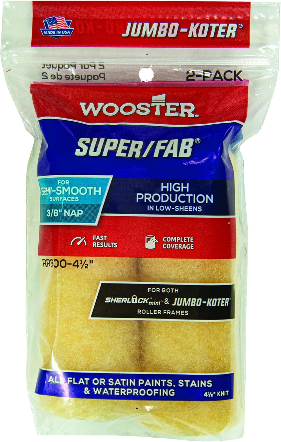 Wooster RR300-4 1/2 Super/Fab Jumbo-Koter Paint Roller, 3/8 in Nap, 4-1/2 in L