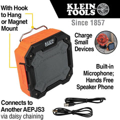 Klein Tools AEPJS3 Bluetooth Jobsite Speaker With Magnet And Hook, 20-Hr Run Time, Charge Devices Via USB A Or C, Daisy Chain For Pairing, Hands Free Capable