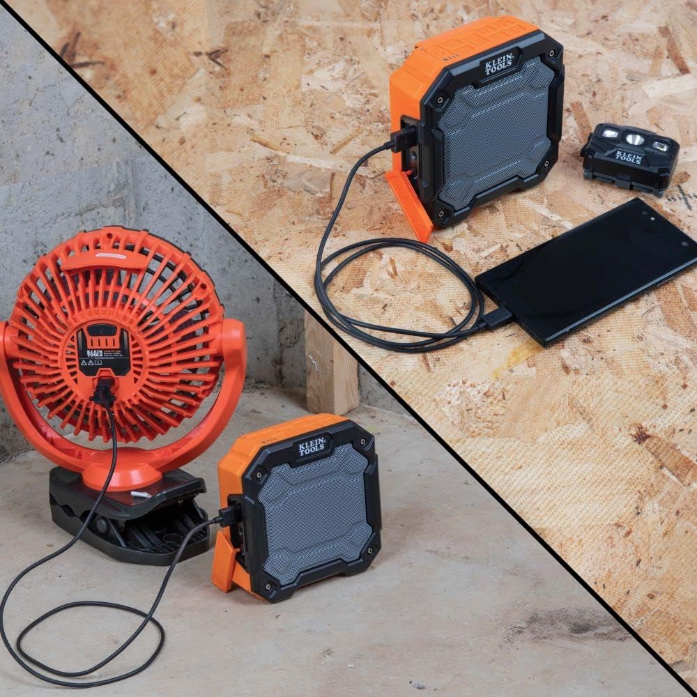 Klein Tools AEPJS3 Bluetooth Jobsite Speaker With Magnet And Hook, 20-Hr Run Time, Charge Devices Via USB A Or C, Daisy Chain For Pairing, Hands Free Capable