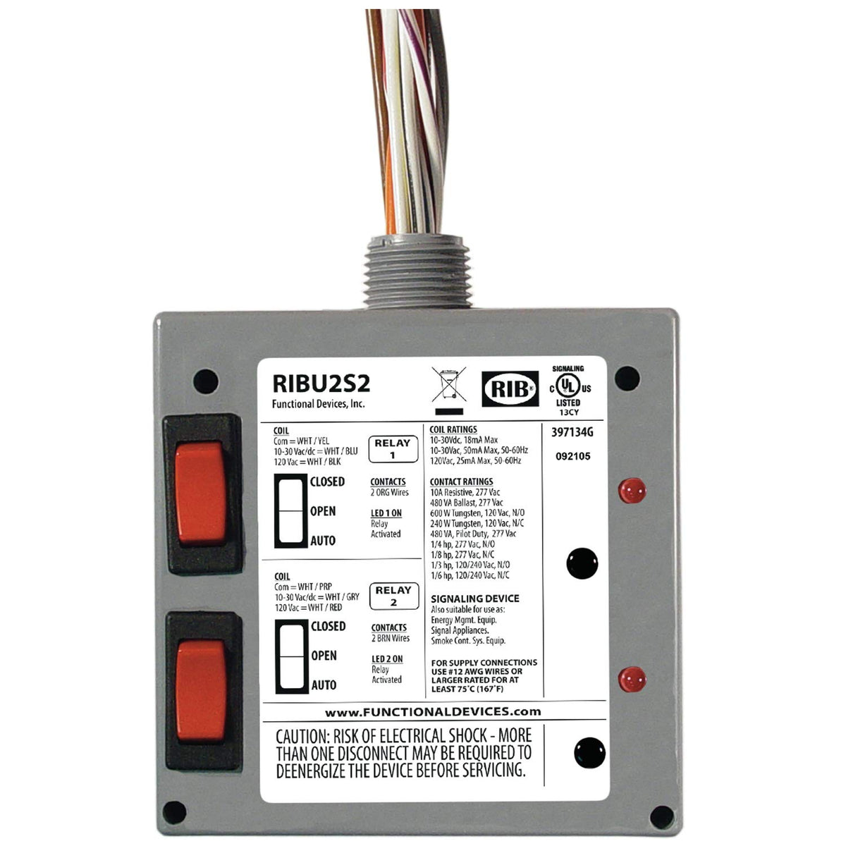 Functional Devices RIBU2S2 Enclosed Pilot Relay 10 Amp 2 SPST N/O 10-30 Vac/dc/120 Vac Coil