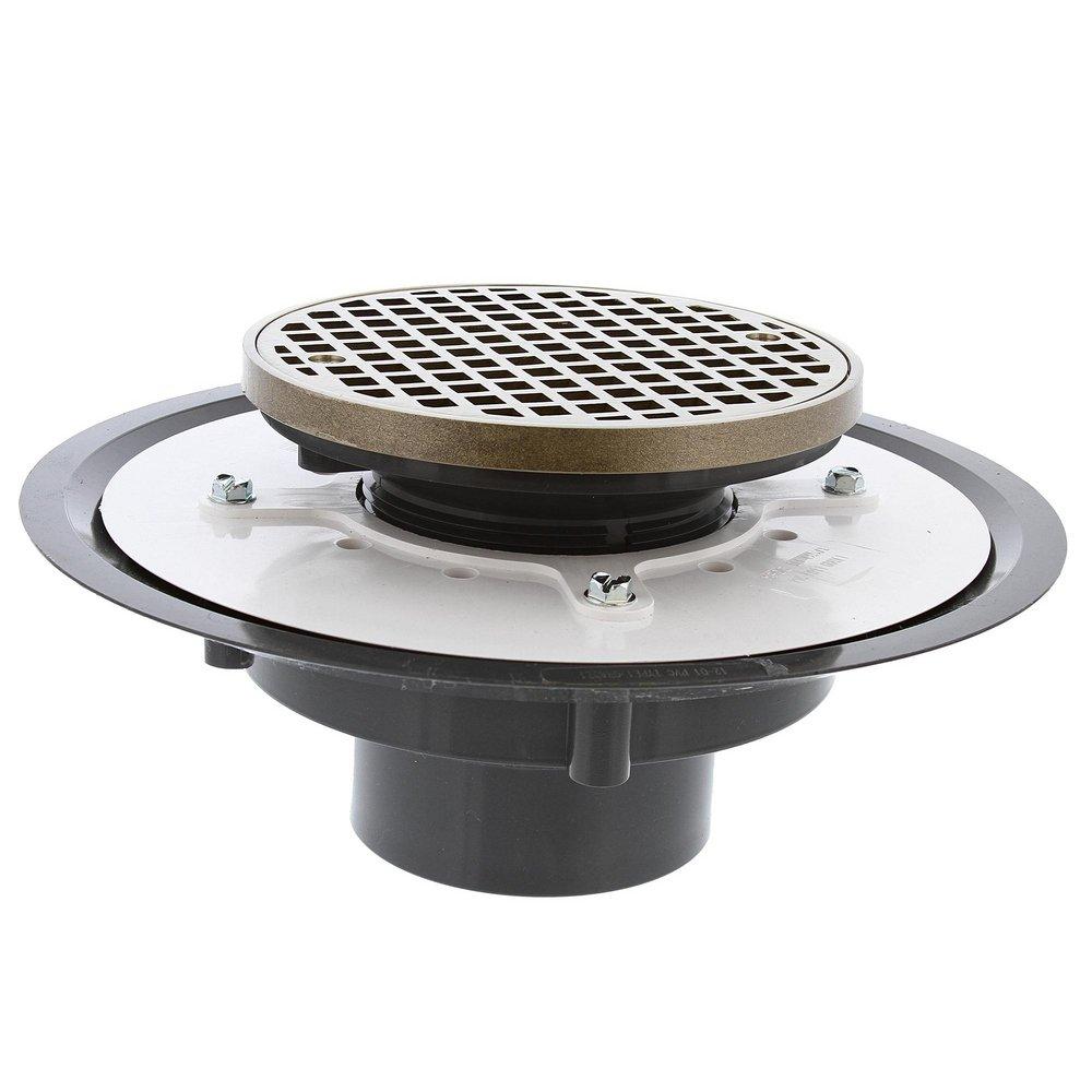 Jones Stephens D50054 3 in Heavy Duty PVC Drain Base with 3-1/2 in Plastic Spud and 6 in Nickel Bronze Strainer with Ring