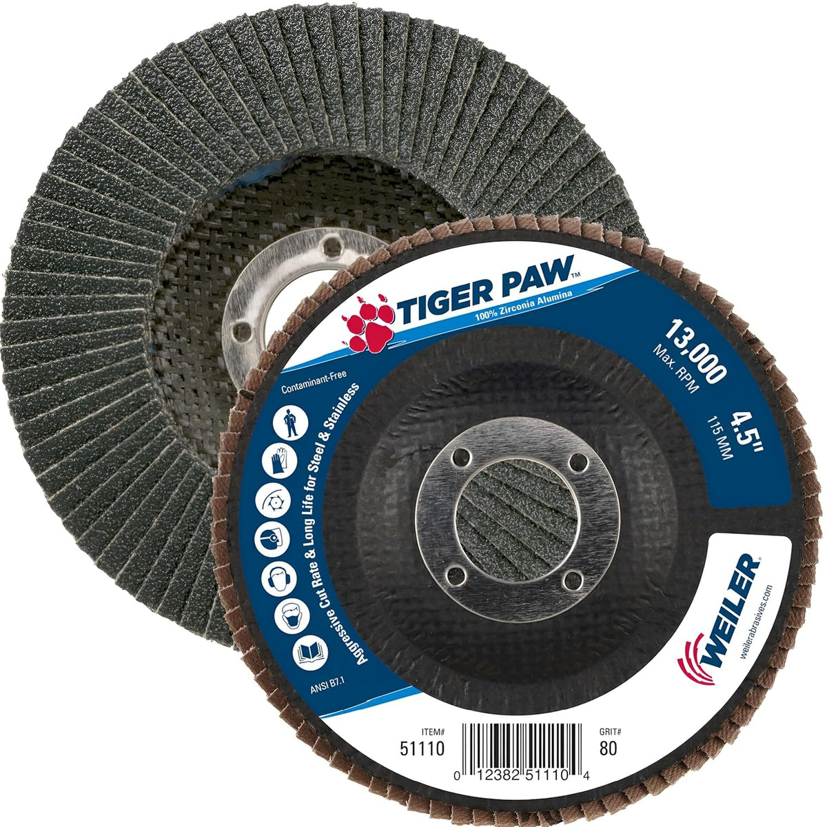 Weiler 51110 Tiger Paw Abrasive Flap Disc, 4-1/2 Inches, 80 Grit, Phenolic Backing