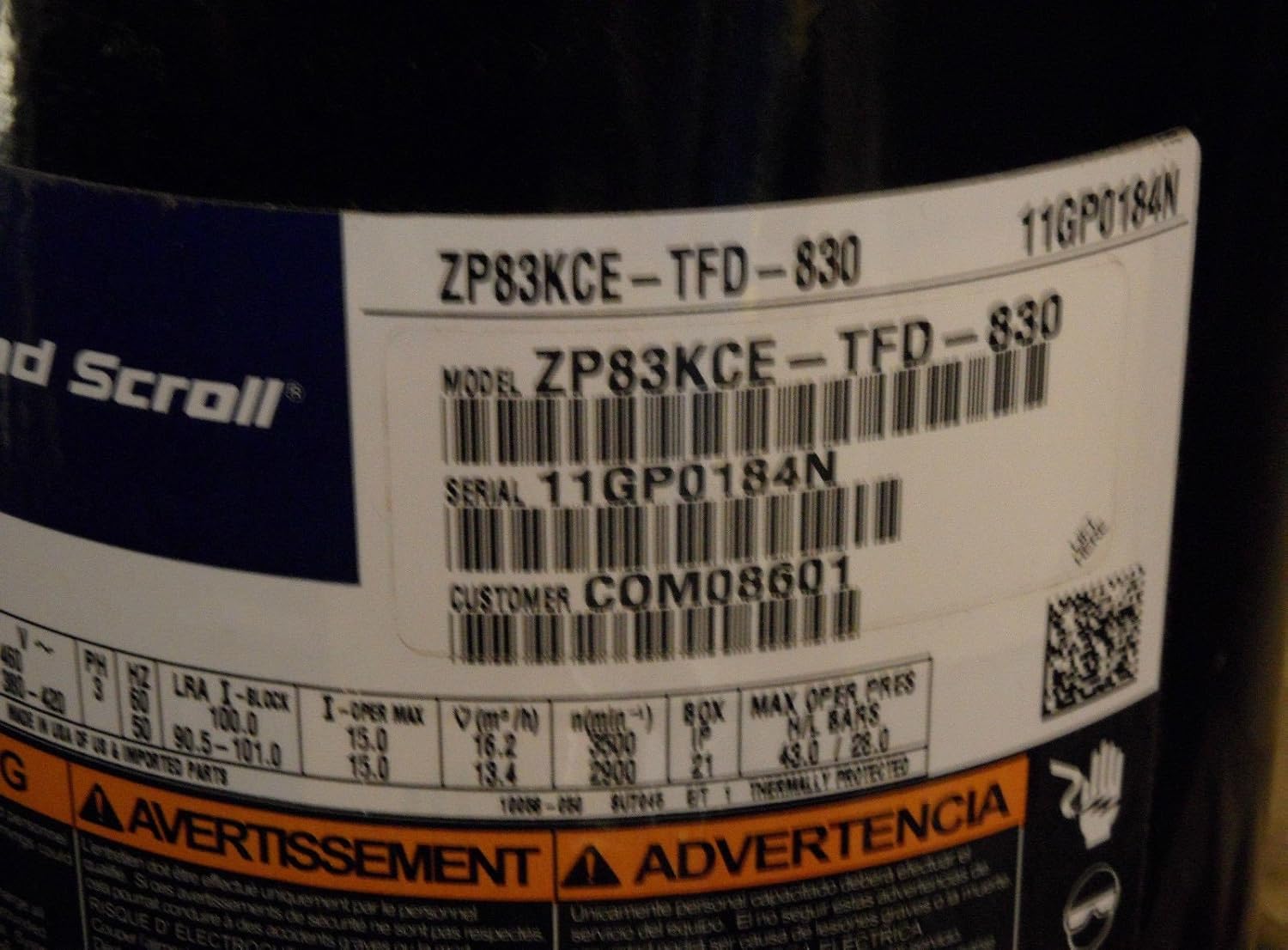 Copeland ZP83KCE-TFD-830 R410A Scroll Compressor 83,000 BTU