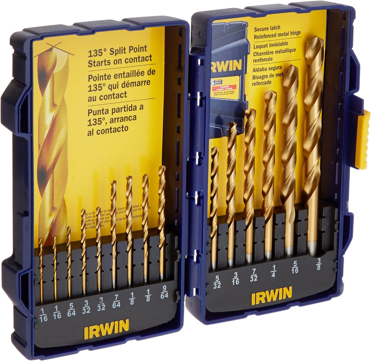 IRWIN 4935607 Titanium Nitride Coated High-Speed Steel Drill Bit Set, Pro Case, 15-Piece