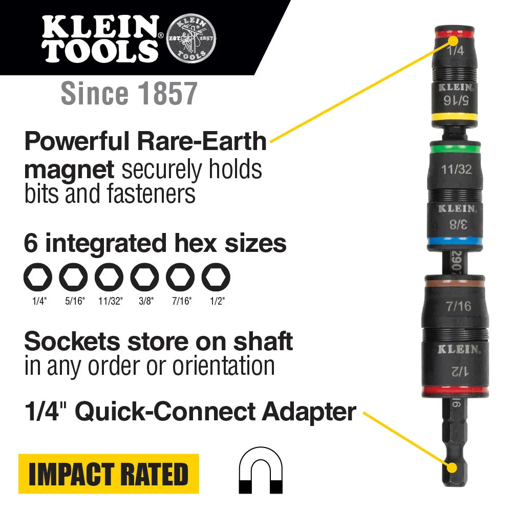 Klein Tools 32907 Impact Driver, 7-in-1 Impact Flip Socket Set, 1/4, 5/16, 11/32, 3/8, 7/16, 1/2