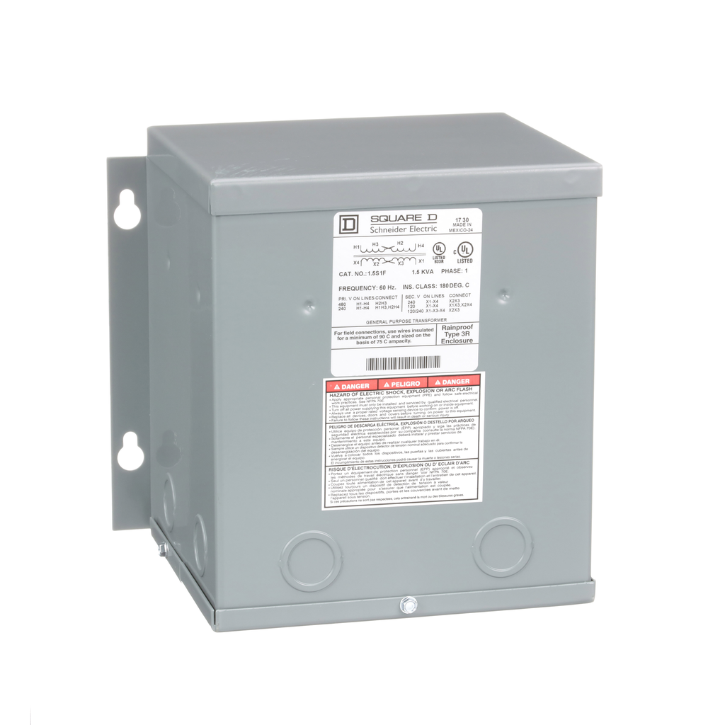 Square D 1.5S1F Dry Sealed Transformer 1.5 kVA 240 x 480 VAC Primary 120/240 VAC Secondary