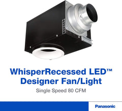 Panasonic FV-08VRE2 WhisperRecessed LED Designer Fan - Bathroom Exhaust Fan with Recessed LED Light - Quiet Energy Star-Certified Ceiling Fan 80 CFM