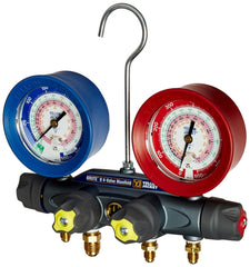 Yellow Jacket 46010 Brute II 4-Valve Manifold with Red/Blue Gauges, bar/psi, R-22/404A/410A