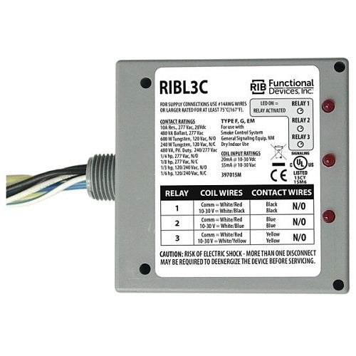 Functional Devices RIBL3C Pilot Relays, 10A 3 SPST-N/O, 10-30 V AC/DC Coil, NEMA 1-Housing