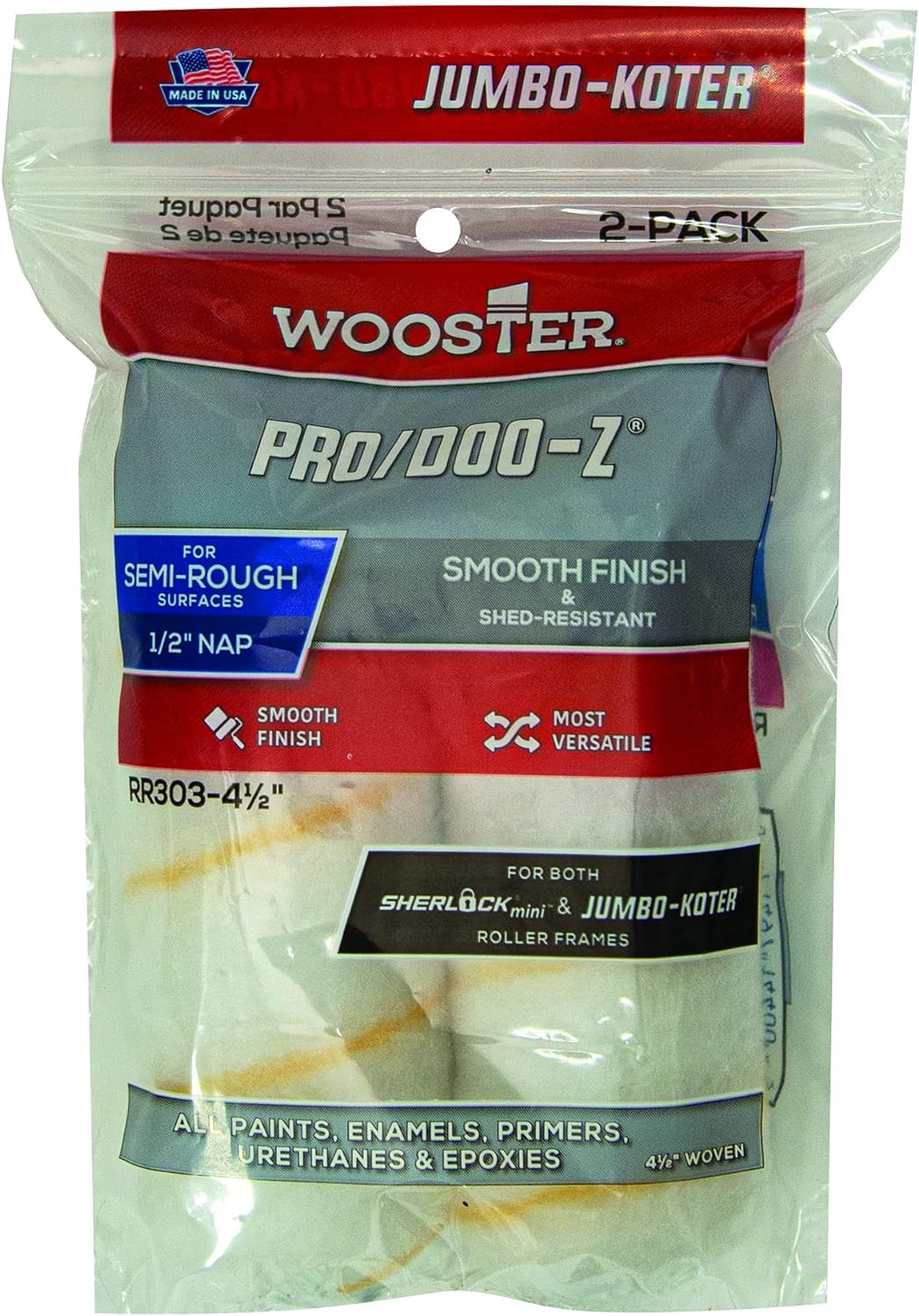 Wooster RR303-4 Pro/Doo-Z Jumbo-Koter Shed Resistant Paint Roller Cover, 1/2 in Nap, 4-1/2 in L, RR303-4 1/2