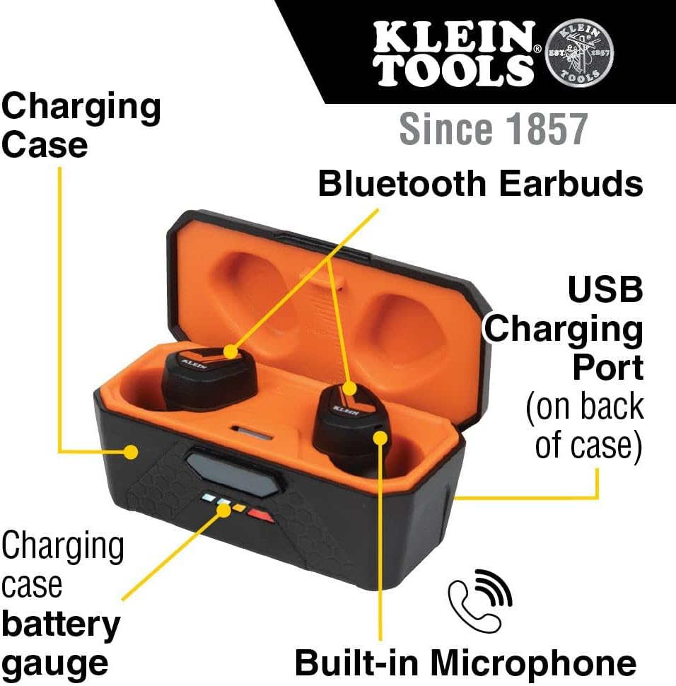 Klein Tools AESEB1 Bluetooth Jobsite Earbuds, Wireless Hearing Protection Earplugs with 28dB Noise Reduction Rating, 15-Hour Playtime