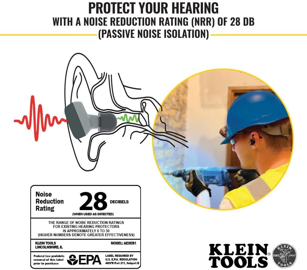 Klein Tools AESEB1 Bluetooth Jobsite Earbuds, Wireless Hearing Protection Earplugs with 28dB Noise Reduction Rating, 15-Hour Playtime