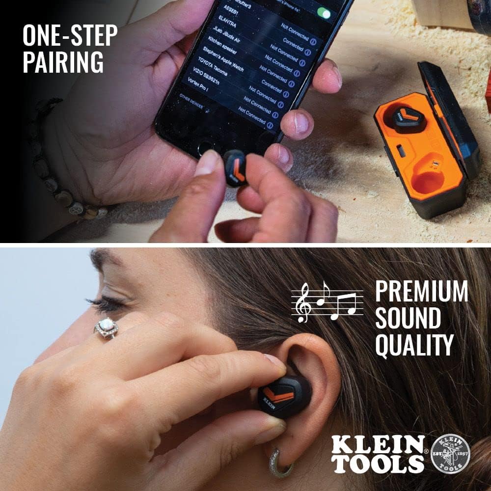 Klein Tools AESEB1 Bluetooth Jobsite Earbuds, Wireless Hearing Protection Earplugs with 28dB Noise Reduction Rating, 15-Hour Playtime