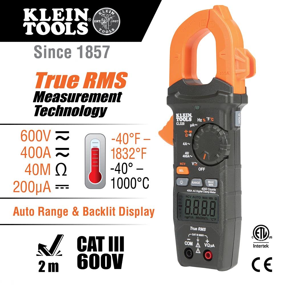 Klein Tools CL320KIT HVAC Kit for HVAC Testing; Digital Clamp Meter, Non-Contact Voltage Tester, and Infrared/Probe Thermometer