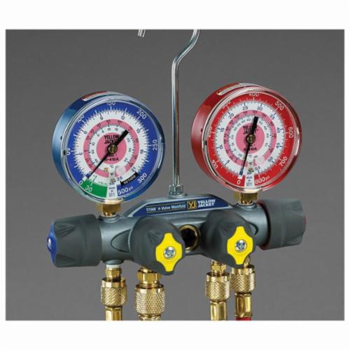 Yellow Jacket 49967 Titan 4-Valve Manifold with 3-1/8 in Gauges and 60 in Plus II Hose Set - R-22/404A/410A