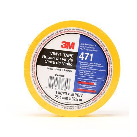 3M 70006748019 Vinyl Tape 471 Yellow, 1 In X 36 Yd, 5.2 Mil