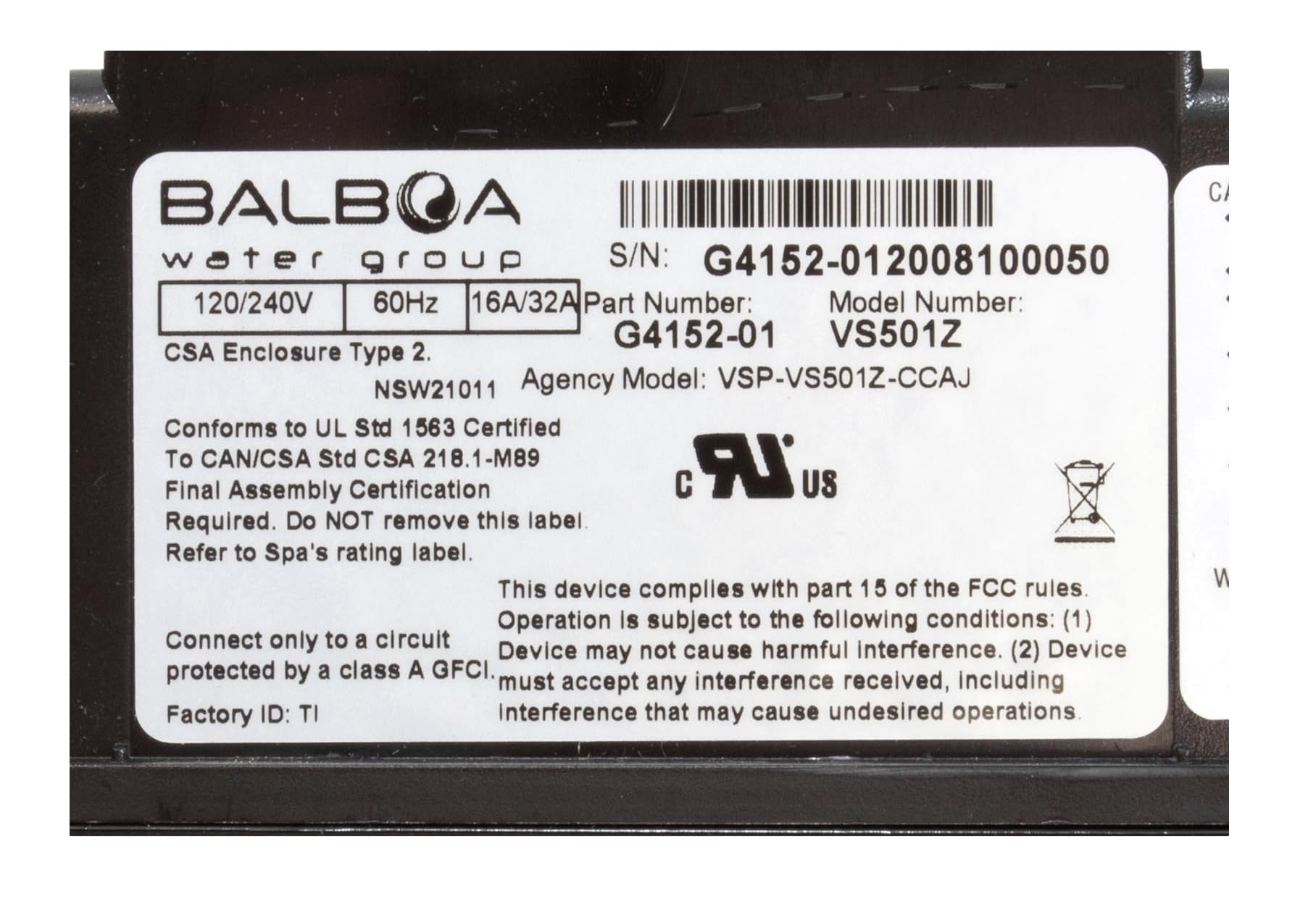 Balboa G4152-01 VS501Z Control System P1/P2 or Bl/Oz/Lt 4kW 115V/230V