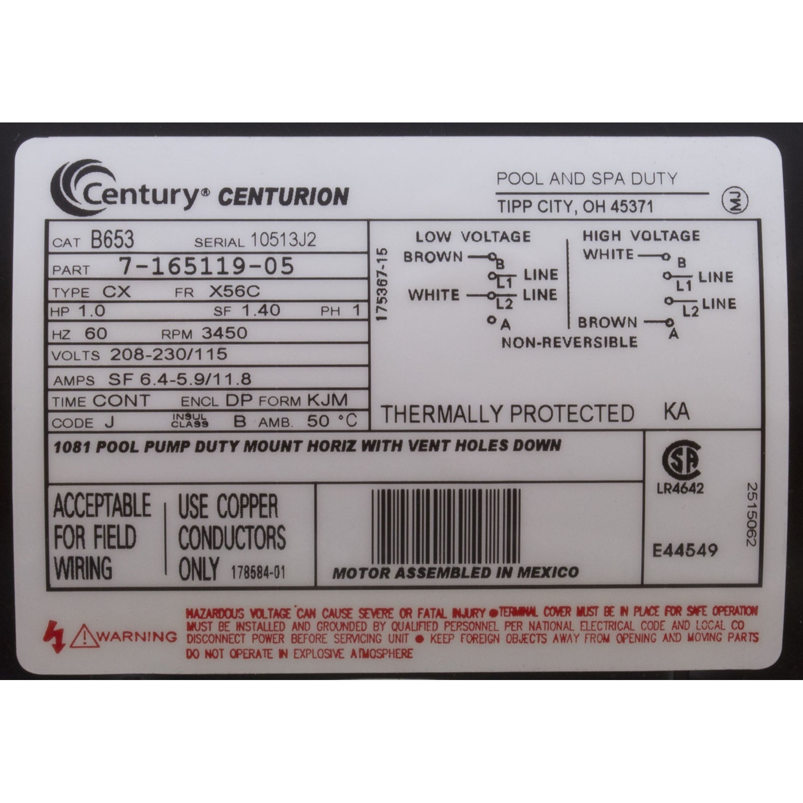 Century B653 1 HP 115/208-230 Volt Motor