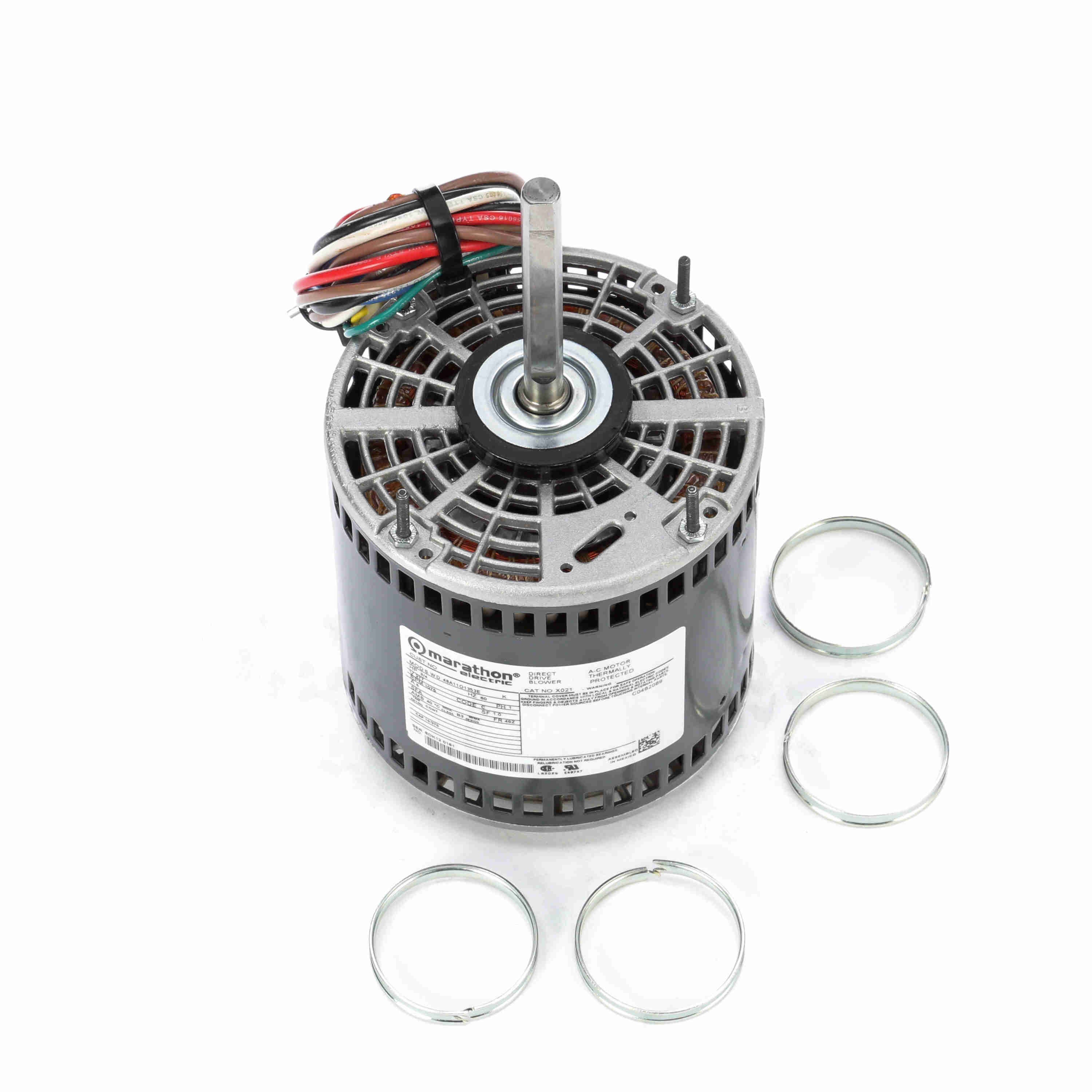 Marathon MX021 X021 48Y Frame Open Air Over 48A11O1353 Direct Drive Motor 3/4 hp 1075 RPM 277 VAC 1 Phase 3 Speeds Ball Bearing Permanent Split Capacitor Thru-Bolt