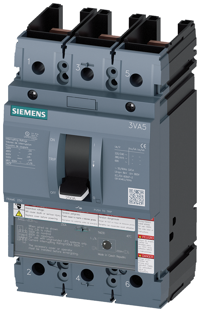 Siemens 3VA52225EC310AA0 Low Voltage Molded Case Circuit Breaker, 600 VAC/750 VDC, 225 A, Interrupt Rating