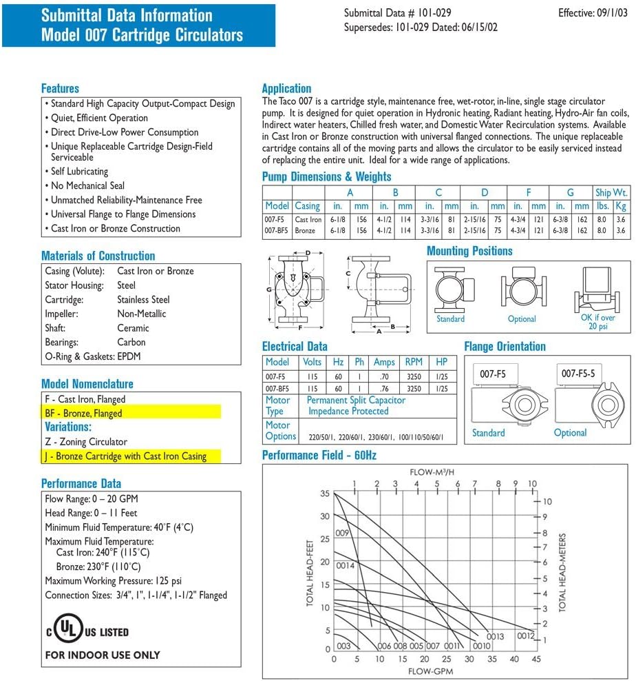 Taco 007-BF5-J Circulating Pump with Bronze Cartridge