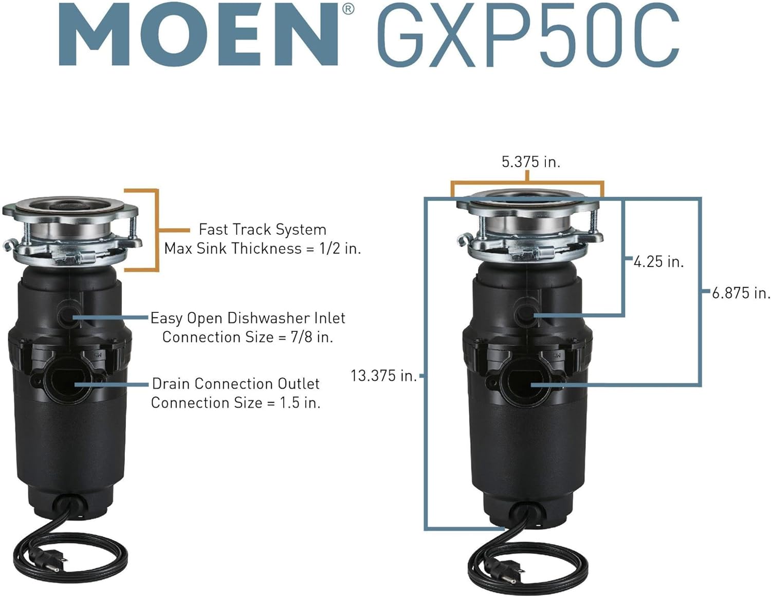 Moen GXP50C Prep Series PRO 1/2 HP Continuous Feed Garbage Disposal, Power Cord Included