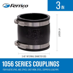 Fernco 1056-33 3-in. Flexible PVC Pipe Coupling for Cast Iron and Plastic Plumbing Connections in Black