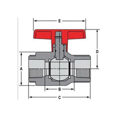 Spears 2121-020 PVC FNPT x FNPT Compact Ball Valve, Tee, 2 Pipe Size